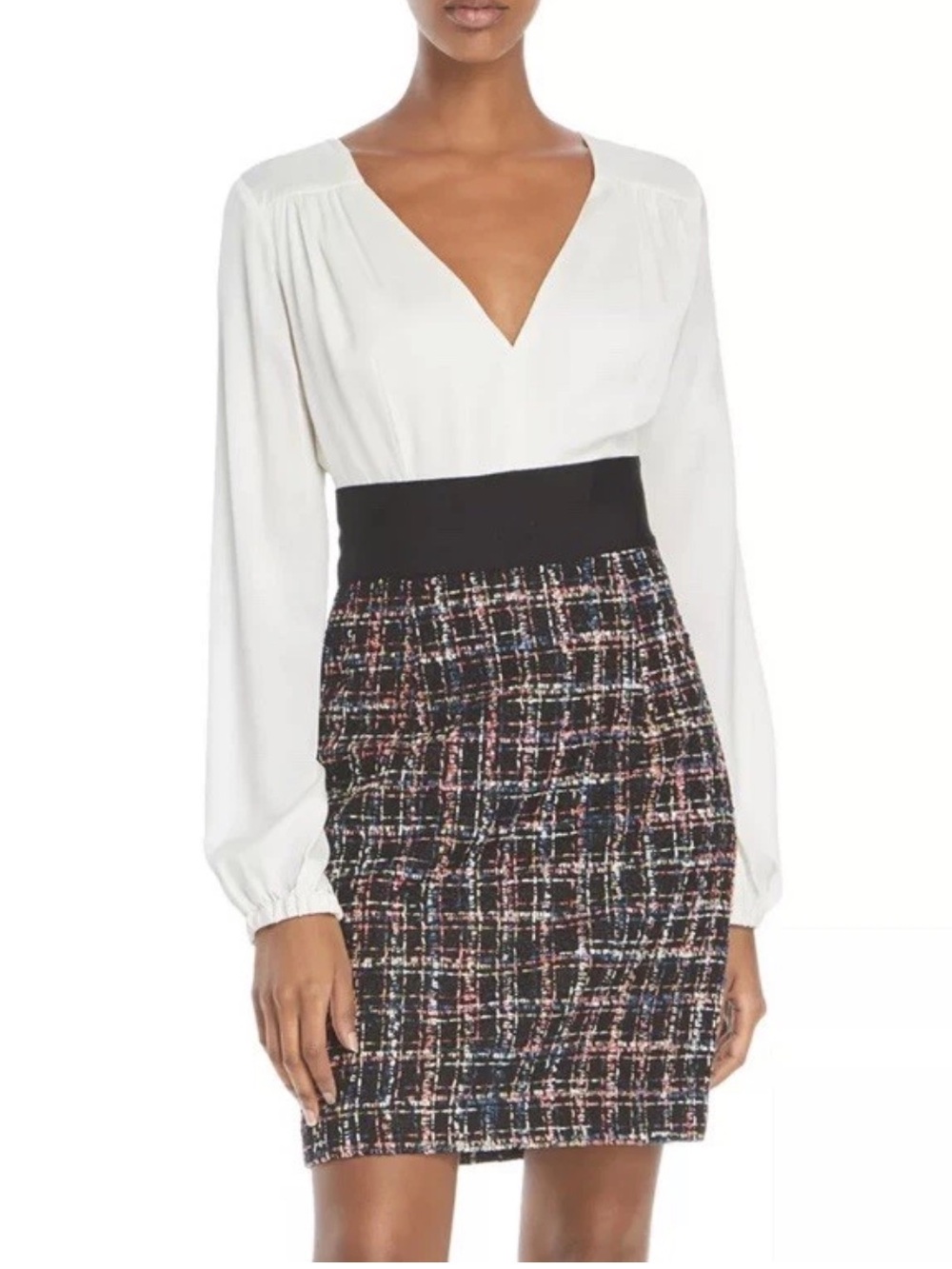 Milly Nicola Pencil Dress Silk Tweed White Black Long Sleeves V Neck Size 6 $395 - Picture 1 of 11